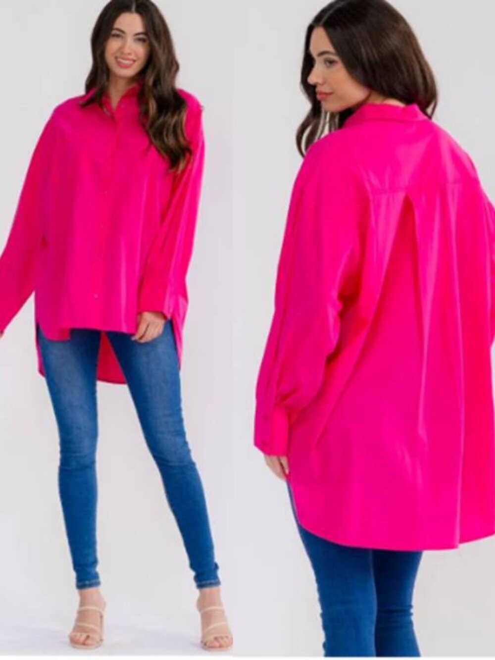 Women's High-Low Long Sleeve Shirt Classic Oversized Button Front 100% Cotton
